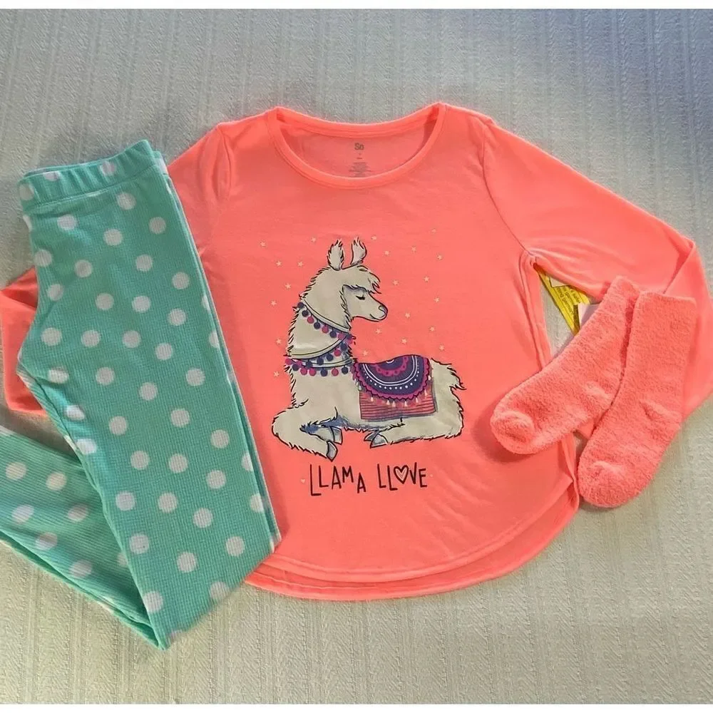 SO Girls SIZE 16 LLAMA LOVE 3-Piece Tunic & Thermal Leggings Pajama Set with Soc